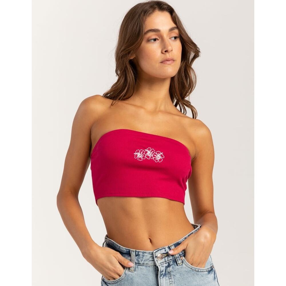 Roxy Aloha Tube‎ Top Women Medium Pink NWT Hibiscus Embroidered Ribbed Bandeau